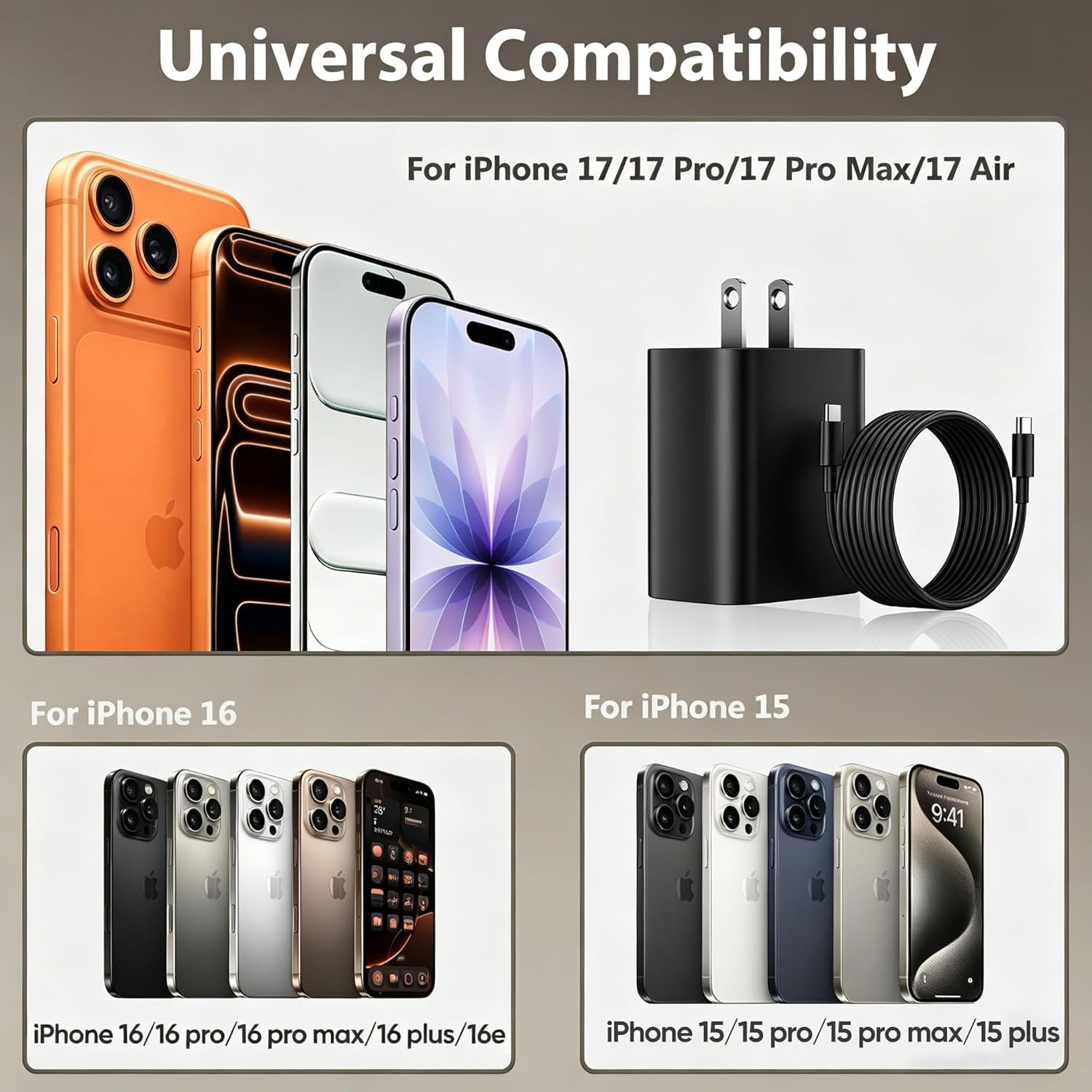 Phone 17 16 15 Charger Fast Charging, 10 FT Long USB C Charger Cord with 20W Type C Fast Phone Charging Block Forphone 17/17 Pro/17 Pro Max/Air/Phone 16 15 Pro Max Plus, Ipad, Android,Black